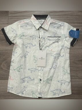 CRAFT + FLOW Boys Dinosaur Print Button-Up Shirt Short Sleeve Pocket Size 5M